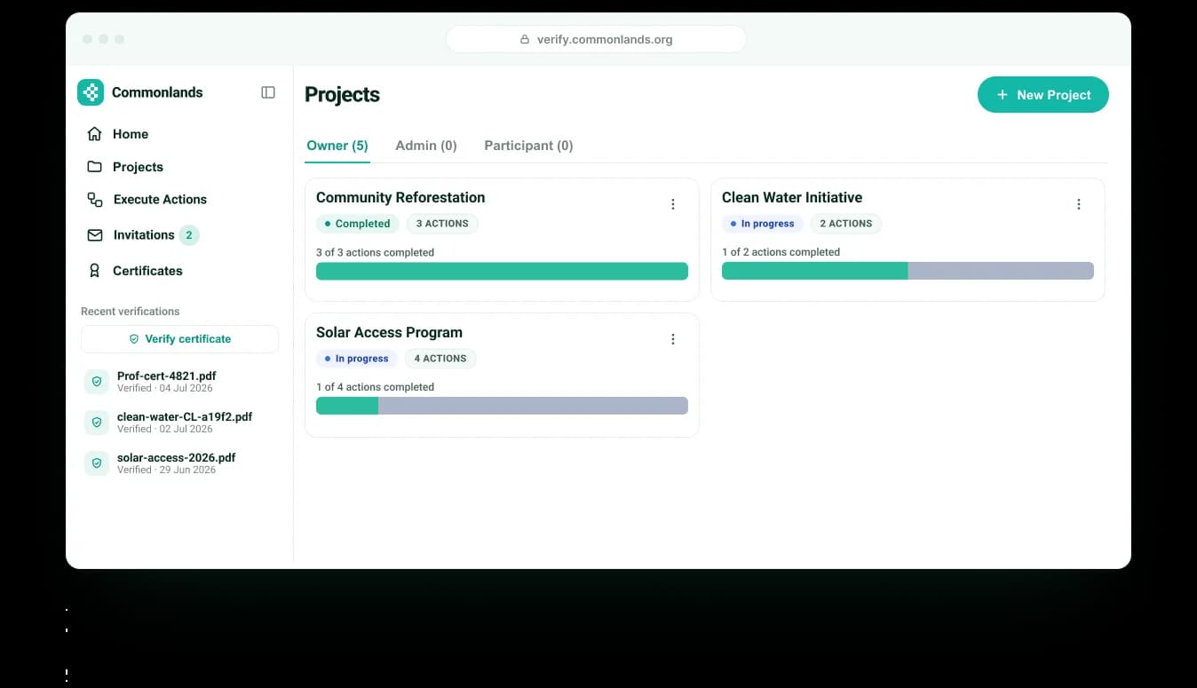 Commonlands Verify projects dashboard